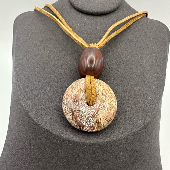 Coral Fossil “Dragon Bone” Donut Pendant and Ocean Jasper Bead on Suede Rope - Picture 5 of 13